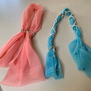 2 Vintage 1960 Beaded Scarf Holders Pink & Blue Scarfs Jewel Scarf Holder